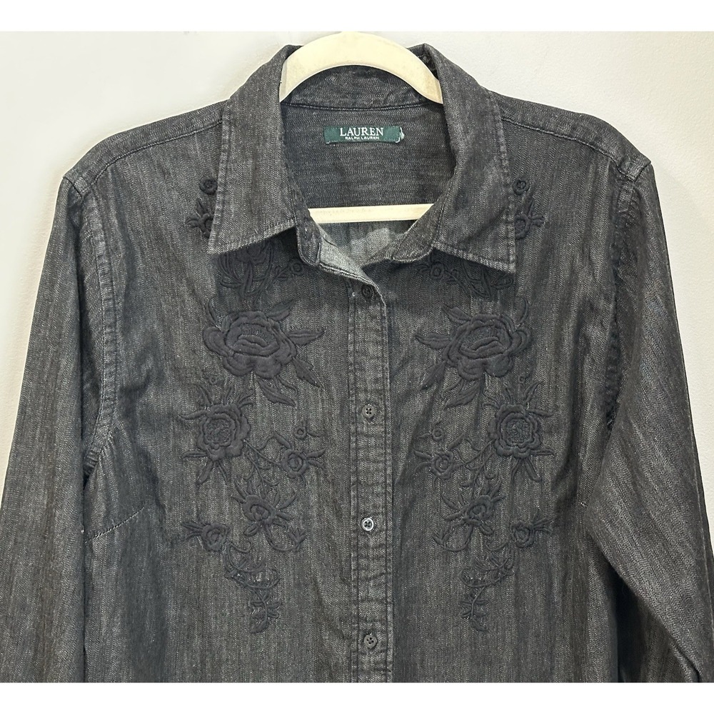 Lauren Ralph Lauren Black Denim Chambray Floral Embroidered Button Up Shirt